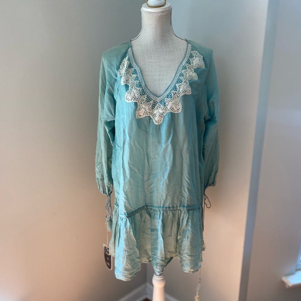 Florabella Delano Bottle Green Cotton Silk Beaded Beach Cover-Up